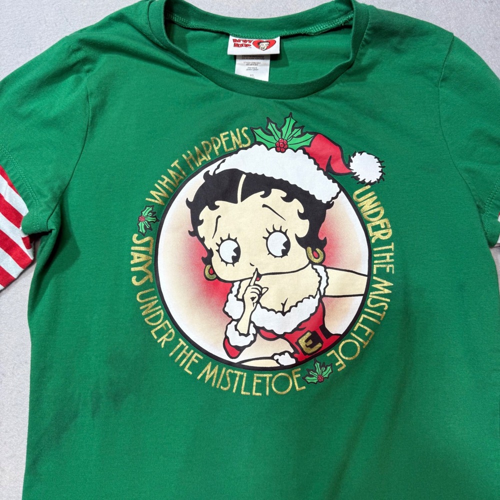 Betty Boop Juniors Long Sleeve Green Christmas Mistletoe Graphic T Shirt XL‎ XG